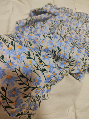 High Quality Linen Cotton With Embroidered Light Blue Color Daisy, Ramie Fabric, Daisy Fabric, DIY Bag/Curtains/ Tablecloth Fabric,