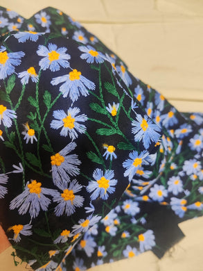 Black Linen Cotton With Light Blue Daisy, Ramie Fabric, Embroidered Daisy Fabric, DIY Bag Tablecloth Fabric, by 1/2yards