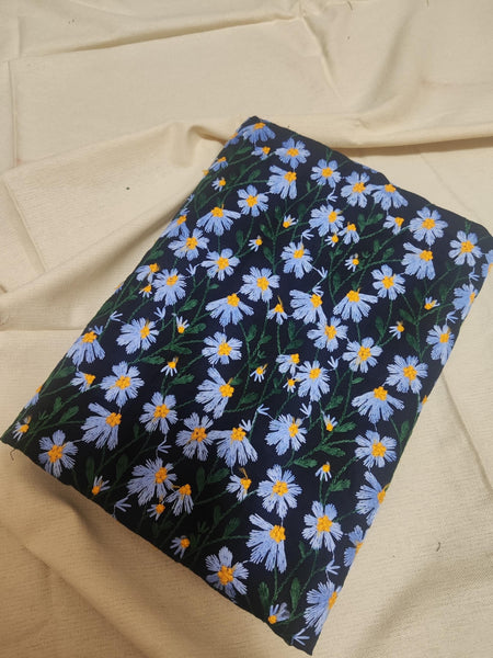 Black Linen Cotton With Light Blue Daisy, Ramie Fabric, Embroidered Daisy Fabric, DIY Bag Tablecloth Fabric, by 1/2yards