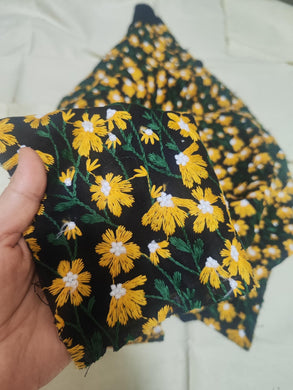 Black Color Linen Cotton With Orange Color Daisy, Ramie Fabric, Embroidered Daisy Fabric, DIY Bag Tablecloth Fabric, by 1/2yards