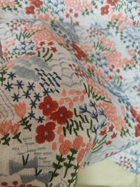 High Quality Cotton Linen Fabric With Embroidered Flora and Leaf Pattern, Embroidered Flower Linen Fabric, Fabric by the yard