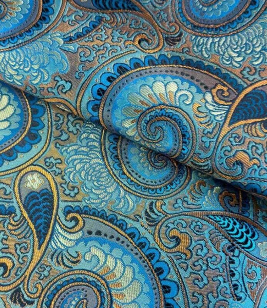 Wide Brocade Fabric, Lake Blue Color Brocade Fabric, Feather Style Brocade Fabric, Cosplay Dress Fabric, by the yard