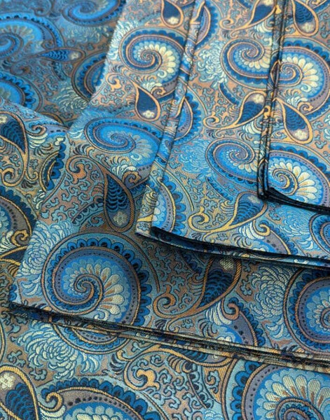 Wide Brocade Fabric, Lake Blue Color Brocade Fabric, Feather Style Brocade Fabric, Cosplay Dress Fabric, by the yard