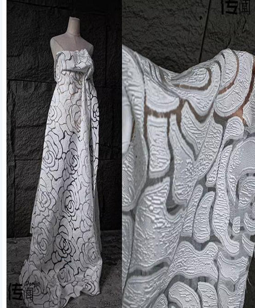 Hollow rose pattern organza fabric, off-white color floral jacquard organza fabric, wedding organza dress fabric, designer fabric