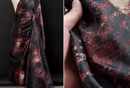 Black color jacquard fabric with wine red gold color pattern, wedding jacquard fabric, cosplay dress fabric, fabric by the yard