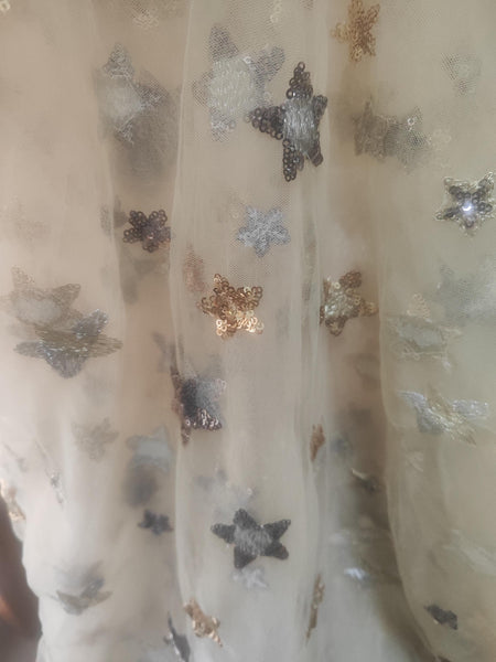 Apricot color mesh fabric with embroidered sequins stars, wedding mesh fabric, fashion mesh fabric