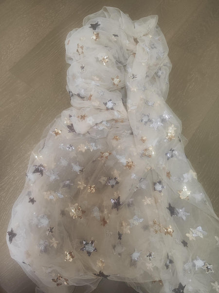 Apricot color mesh fabric with embroidered sequins stars, wedding mesh fabric, fashion mesh fabric