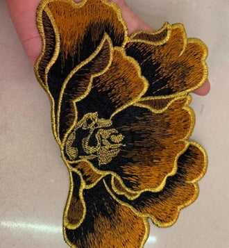 Golden Brown Color Embroidery Peony Applique, Embroidery Patches, Clothing Accessories