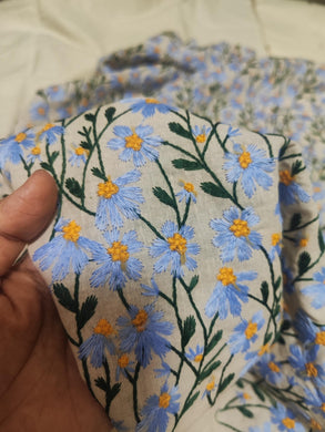 High Quality Linen Cotton With Embroidered Light Blue Color Daisy, Ramie Fabric, Daisy Fabric, DIY Bag/Curtains/ Tablecloth Fabric,