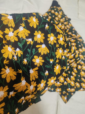 Black Color Linen Cotton With Orange Color Daisy, Ramie Fabric, Embroidered Daisy Fabric, DIY Bag Tablecloth Fabric, by 1/2yards