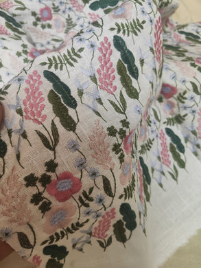 High Quality Cotton Linen Fabric With Embroidered Flower and Leaf Pattern, Embroidered Flower Linen Fabric, Fabric by the yard
