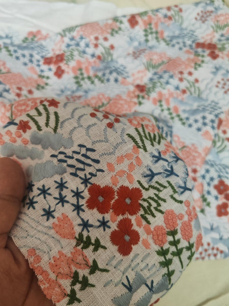 High Quality Cotton Linen Fabric With Embroidered Flora and Leaf Pattern, Embroidered Flower Linen Fabric, Fabric by the yard