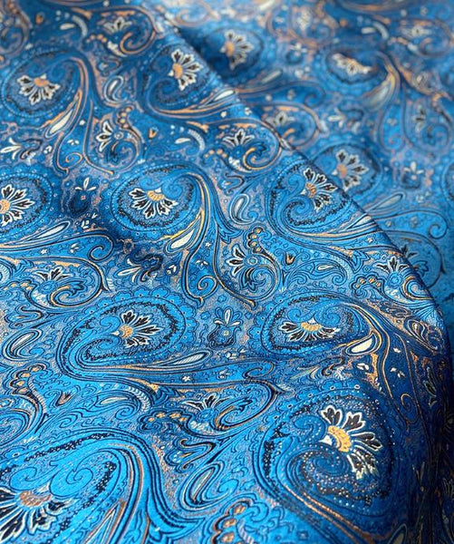 Blue color brocade fabric with black flower, jacquard brocade fabric, by the yard