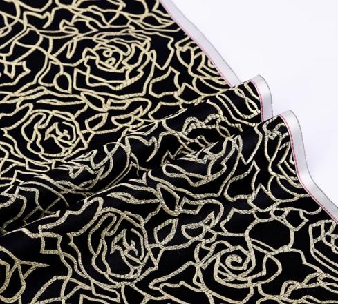Black color brocade fabric with gold rose pattern, jacquard fabric, cosplay dress fabric, by the yard