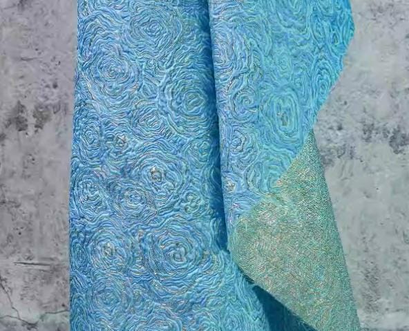 Light blue/green/navy blue color jacquard fabric with rose pattern,  Relief texture style jacquard fabric, wedding dress fabric,