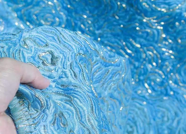 Light blue/green/navy blue color jacquard fabric with rose pattern,  Relief texture style jacquard fabric, wedding dress fabric,