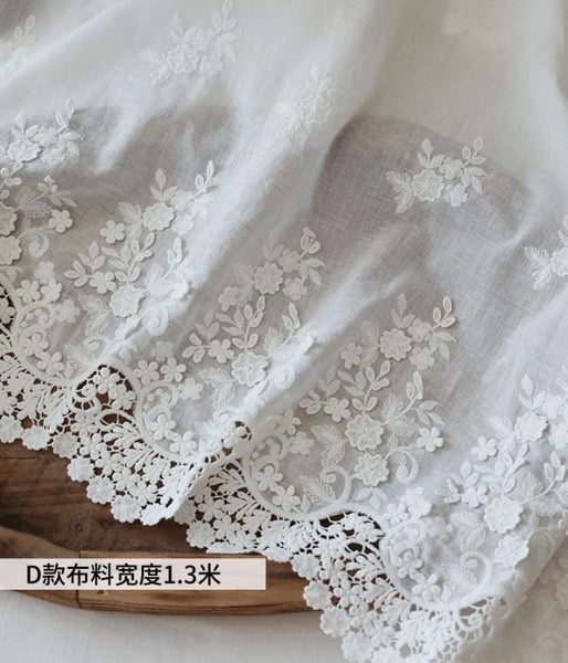SALE, Off-white color cotton fabric, embroidered flower cotton fabric, wedding tablecloth fabric, double sided scallop edges fabric