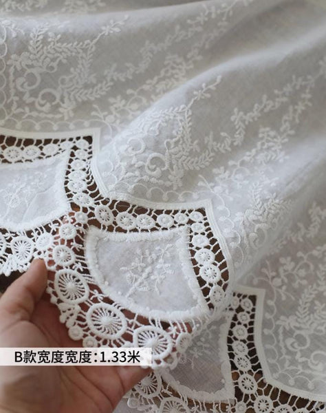 SALE, Off-white color cotton fabric, embroidered flower cotton fabric, wedding tablecloth fabric, double sided scallop edges fabric