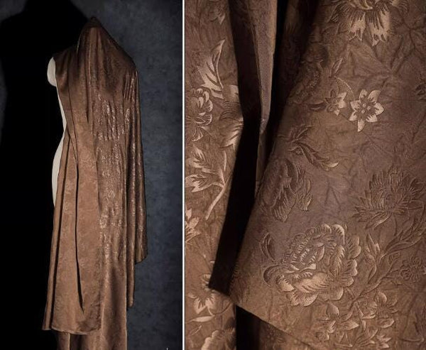 Brown color jacquard, retro embossed texture fabric, Chinese style flower pattern fabric,  clothing designer fabric