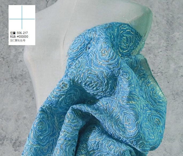 Light blue/green/navy blue color jacquard fabric with rose pattern,  Relief texture style jacquard fabric, wedding dress fabric,