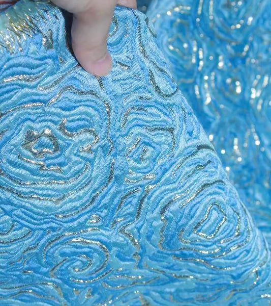 Light blue/green/navy blue color jacquard fabric with rose pattern,  Relief texture style jacquard fabric, wedding dress fabric,