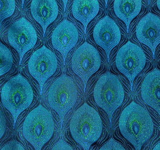 Peacock blue green color brocade fabric with feather pattern,  brocade fabric, wedding dress fabric, cosplay dress fabric