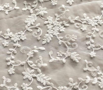 White color/cream-white color organza fabric with embroidered flower,  for wedding, double sided scallop edges organza fabric, by the yard