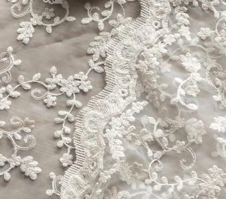 White color/cream-white color organza fabric with embroidered flower,  for wedding, double sided scallop edges organza fabric, by the yard