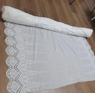 SALE, Off-white color cotton fabric, embroidered flower cotton fabric, wedding tablecloth fabric, double sided scallop edges fabric