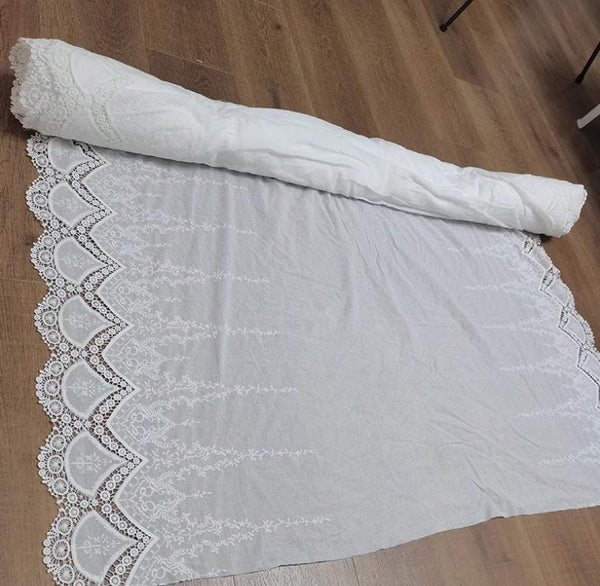 SALE, Off-white color cotton fabric, embroidered flower cotton fabric, wedding tablecloth fabric, double sided scallop edges fabric