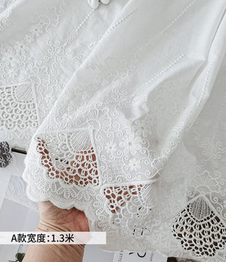 SALE, Off-white color cotton fabric, embroidered flower cotton fabric, wedding tablecloth fabric, double sided scallop edges fabric