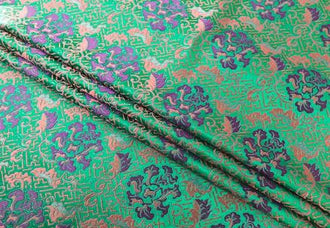 Green/Off-white with pink purple pattern brocade fabric, jacquard fabric, fabric by the yard