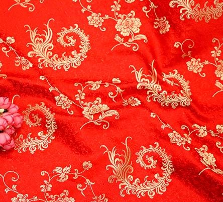 Red Color Brocade Fabric With Gold Flower, Flower Style Jacquard Fabric, Tang-suit Dress Fabric, by the yard