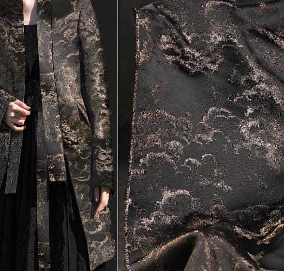 Black color jacquard fabric with gold cloud pattern, texture jacquard fabric, Chinese style suit dress fabric,  wholesale fabric