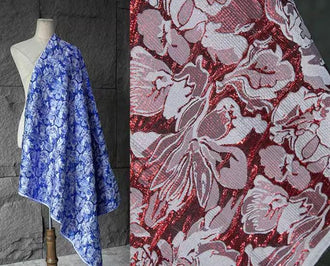 Blue/Dark Red Color Fabric, Jacquard Texture Fabric with Concave and Convex Relief Flower Fabric,  Cosplay dress fabric