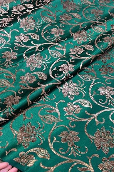 SALE, Deep Green Color Brocade Fabric, Brown Tree Vine Pattern Brocade Fabric, Jacquard Fabric, Vest Dress Fabric, Fabric by the yard