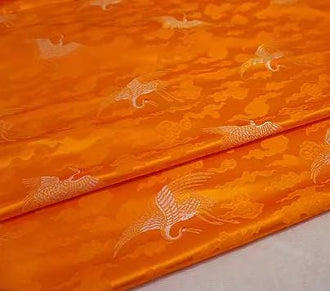 SALE, Orange yellow color brocade fabric with Red-crowned crane pattern , jacket dress fabric, wedding jacquard fabric, by the yard