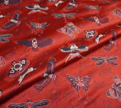 SALE, Red color brocade fabric with kite pattern , jacket dress fabric, wedding jacquard fabric, by the yard