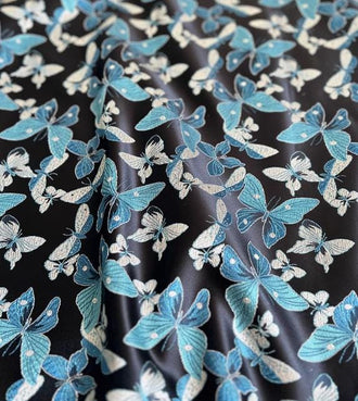 Black and blue butterfly brocade fabric, Chinese style vest jacket fabric, For wedding dress