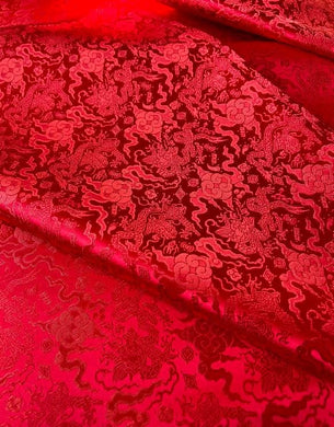 Red color brocade fabric with dragon pattern,  jacquard fabric, fabric by the yard