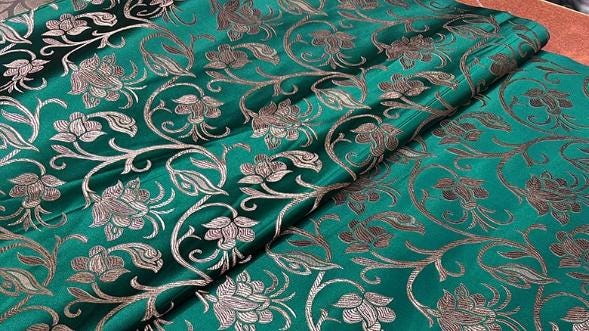 SALE, Deep Green Color Brocade Fabric, Brown Tree Vine Pattern Brocade Fabric, Jacquard Fabric, Vest Dress Fabric, Fabric by the yard