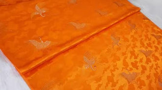 SALE, Orange yellow color brocade fabric with Red-crowned crane pattern , jacket dress fabric, wedding jacquard fabric, by the yard