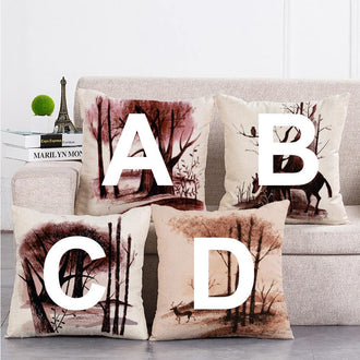 Cushion Cover SET Cotton Linen Throw Pillow, Ink Painted Trees