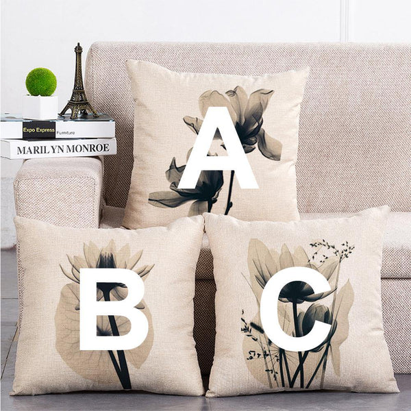 Cushion Cover SET Cotton Linen Throw Pillow, Ink Lotus style - LiYiFabrics