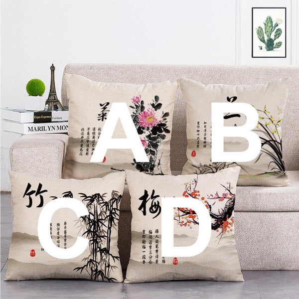 Cushion Cover SET Cotton Linen Throw Pillow, Chrysanthemum Patterns - LiYiFabrics