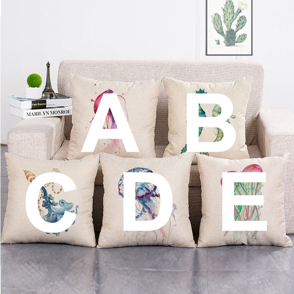 Cushion Cover SET Cotton Linen Throw Pillow,Painted Sea Animals - LiYiFabrics