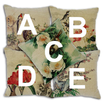 Cushion Cover SET Cotton Linen Throw Pillow, Chinese Flowers&Birds Painting