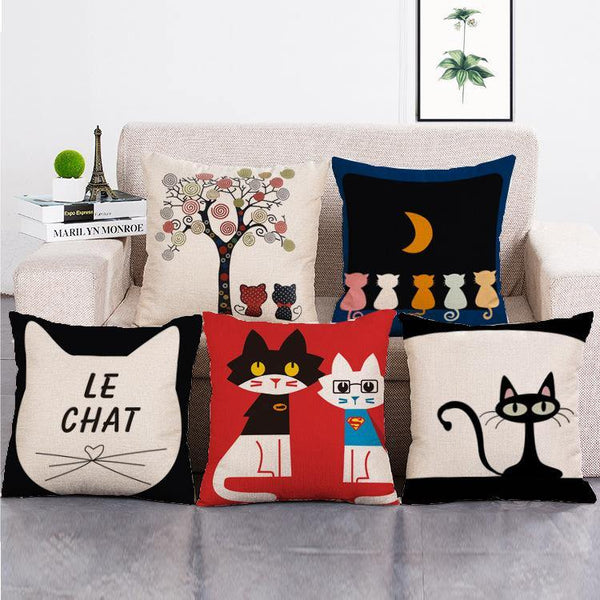 Cushion Cover SET Cotton Linen Throw Pillow, cartoon cat design - LiYiFabrics