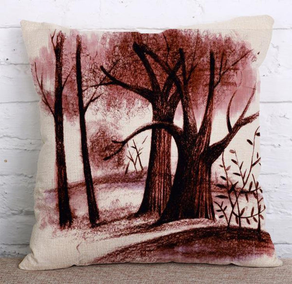 Cushion Cover SET Cotton Linen Throw Pillow, Ink Painted Trees - LiYiFabrics