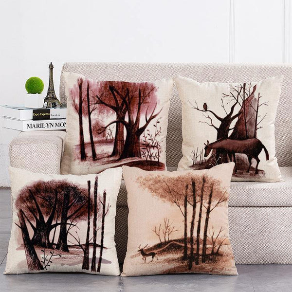 Cushion Cover SET Cotton Linen Throw Pillow, Ink Painted Trees - LiYiFabrics
